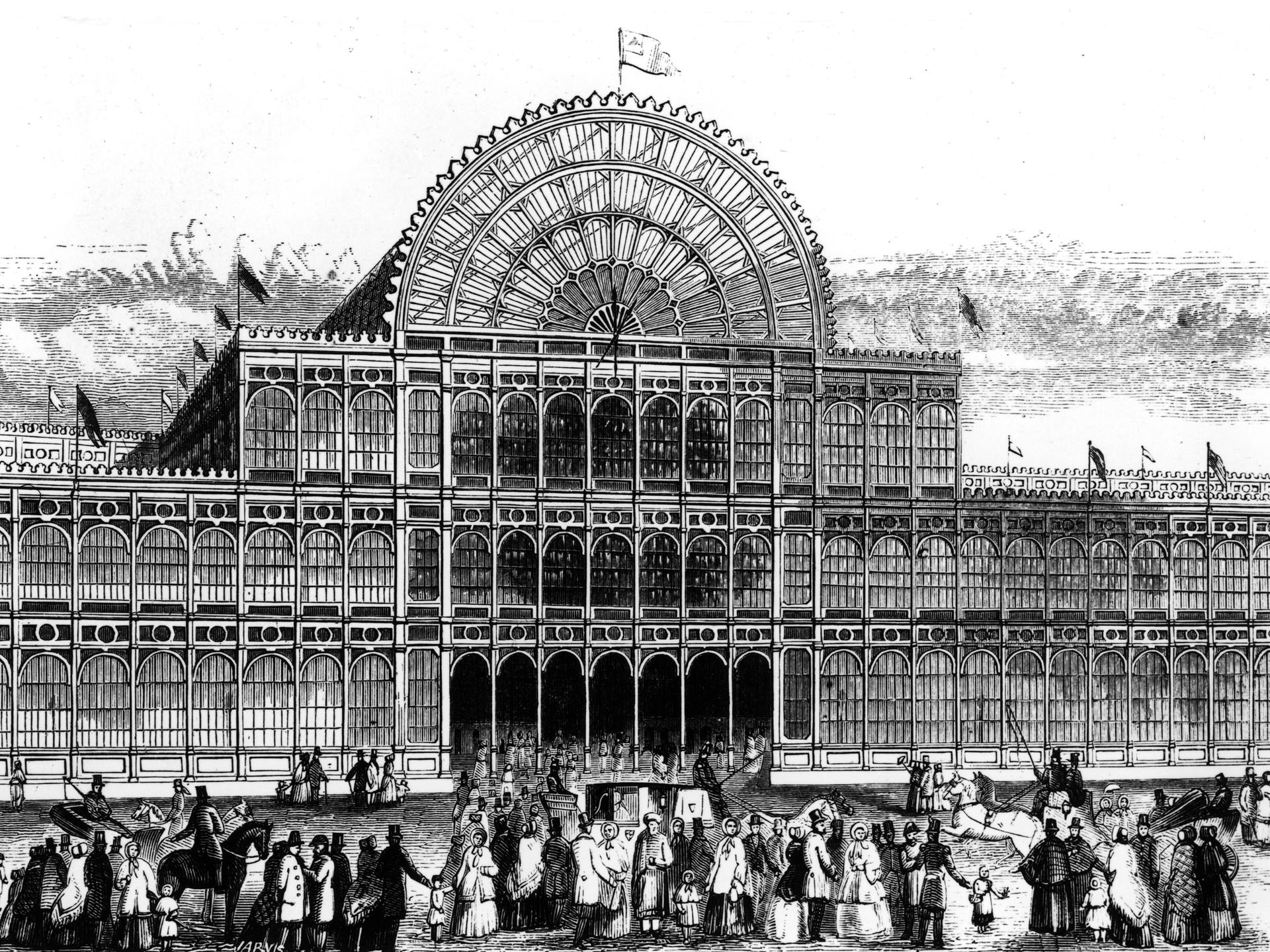 Der 1851 errichtete Kristallpalast in London, ein riesiges Gebäude aus Glas, in einem zeitgenössischen Holzstich