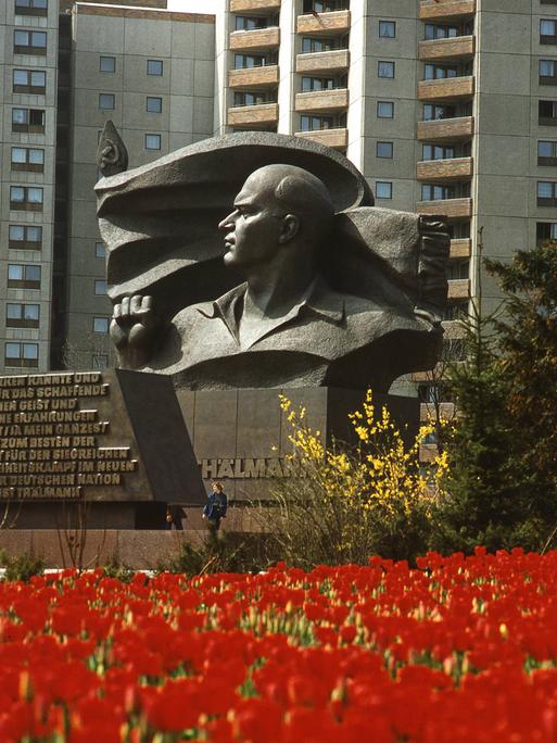 Das Ernst Thälmann Denkmal vor der Plattenbau-Kulisse in Berlin-Prenzlauer Berg. Im Vordergrund rote Blumen, im Hintergrund die Plattenbauten.