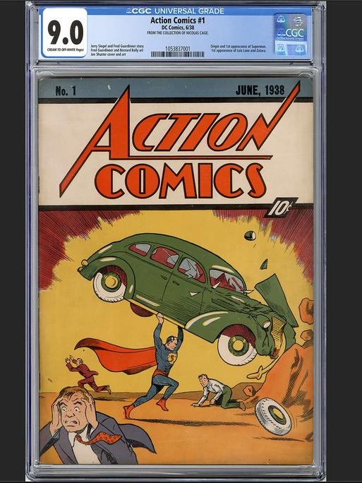 Auf dem Comic hebt Superman ein Auto empor. 