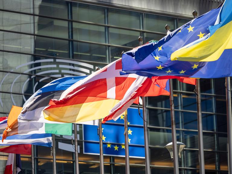 Die Flaggen der europäischen Mitgliedsstaaten wehen vor dem Gebäude des Europäischen Parlaments in Brüssel. Die Regierungschefs und -chefinnen der Bundesländer hatten mit EU-Kommissionspräsidentin von der Leyen unter anderem um einen Industriestrompreis, um die Aufnahme von Flüchtlingen sowie um den Umgang mit antidemokratischen und antieuropäischen Tendenzen beraten.