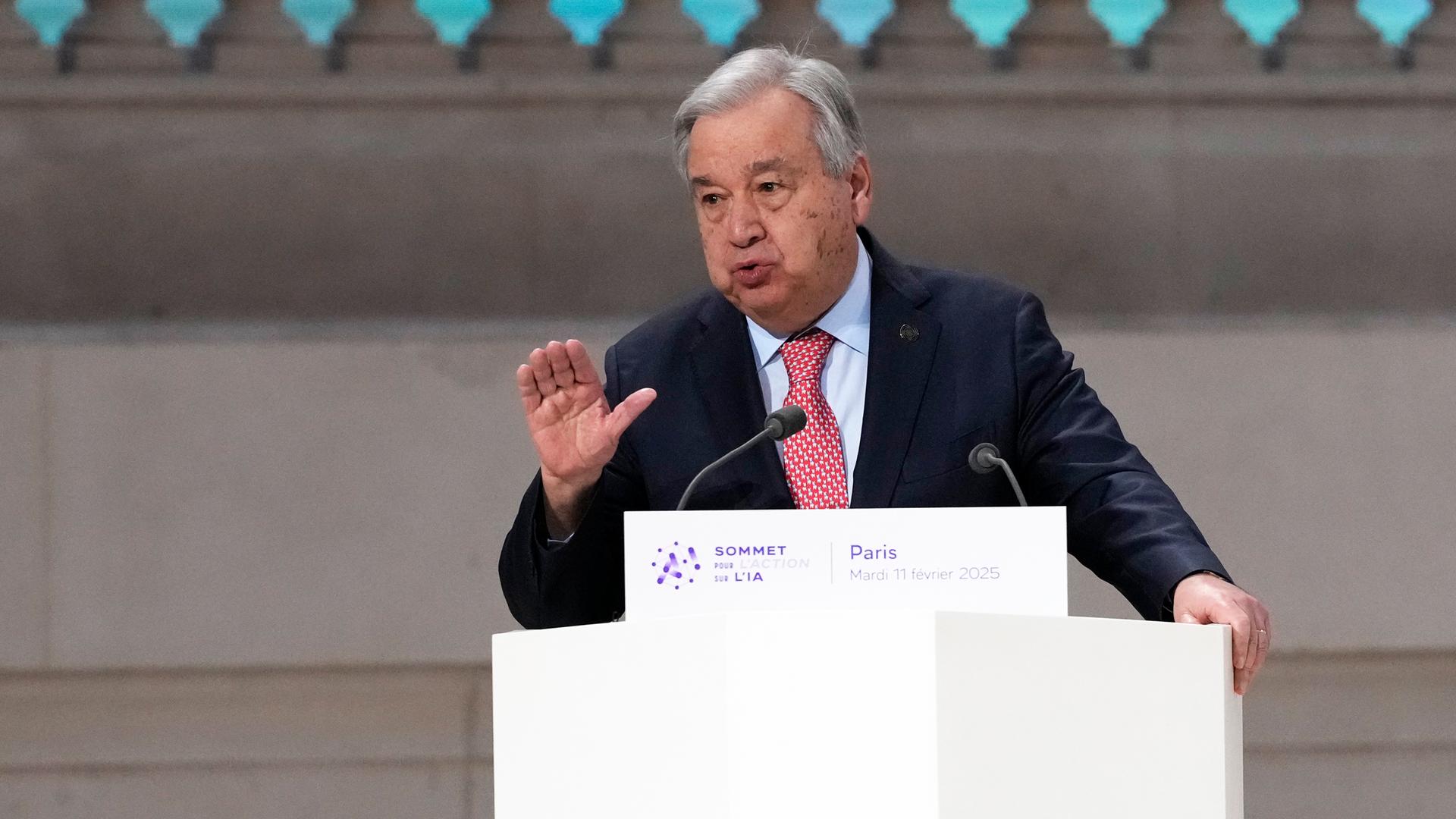 UNO-Generalsekretär Antonio Guterres spricht während des Aktionsgipfels für künstliche Intelligenz in Paris. 