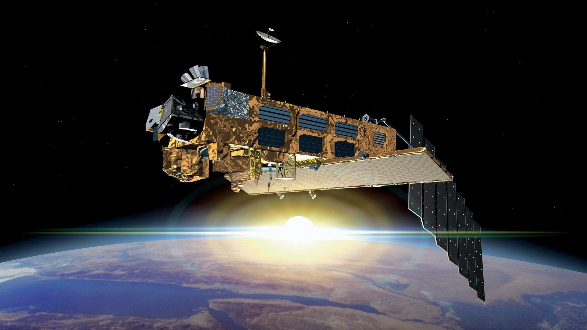 Envisat kreist seit zehn Jahren manovrierunfähig als Weltraumschrott in einer wissenschaftlich sehr wichtigen Bahn im All.
Envisat kreist seit zehn Jahren manovrierunfähig als Weltraumschrott in einer wissenschaftlich sehr wichtigen Bahn im All.