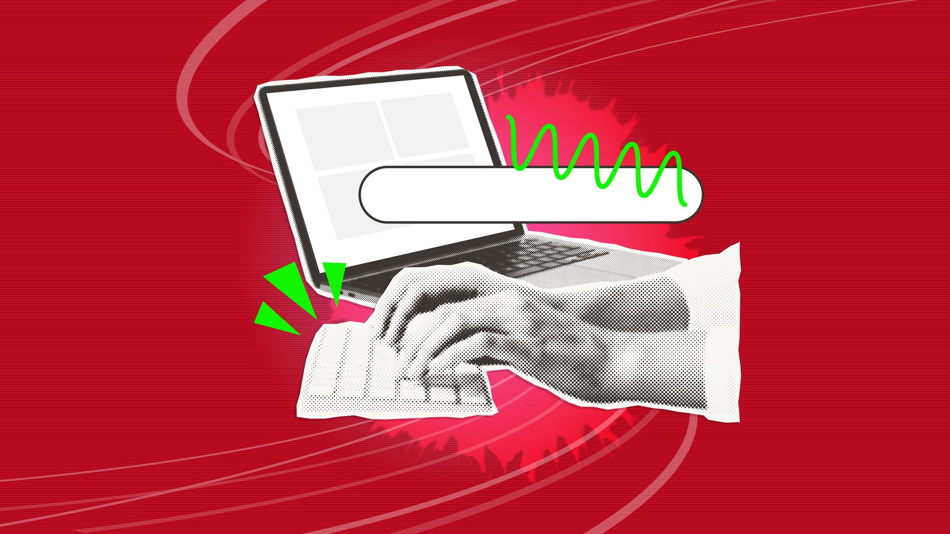 Der Hintergrund ist rot, mit feinen Linien versehen. Hände tippen auf einer Tastatur, sie sind schwarz-weiß aufgerastert. Grüne Dreiecke schmücken das Bild.