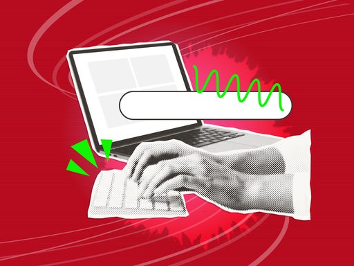 Der Hintergrund ist rot, mit feinen Linien versehen. Hände tippen auf einer Tastatur, sie sind schwarz-weiß aufgerastert. Grüne Dreiecke schmücken das Bild.