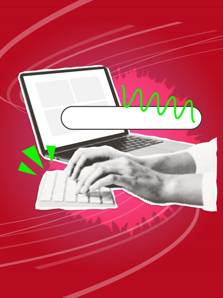 Der Hintergrund ist rot, mit feinen Linien versehen. Hände tippen auf einer Tastatur, sie sind schwarz-weiß aufgerastert. Grüne Dreiecke schmücken das Bild.