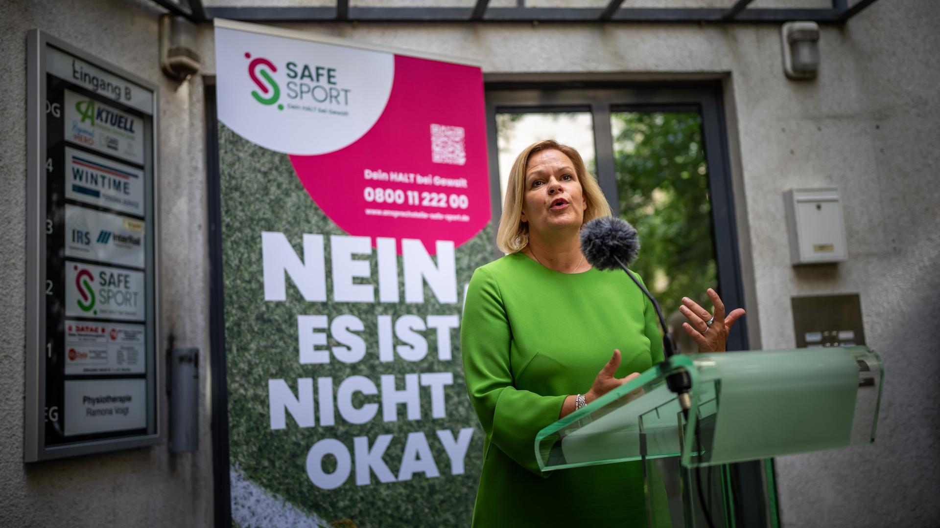 Nancy Faeser (SPD), Bundesministerin des Innern und Heimat, spricht bei der Eröffnung der bundesweit zentralen Ansprechstelle "Safe Sport".