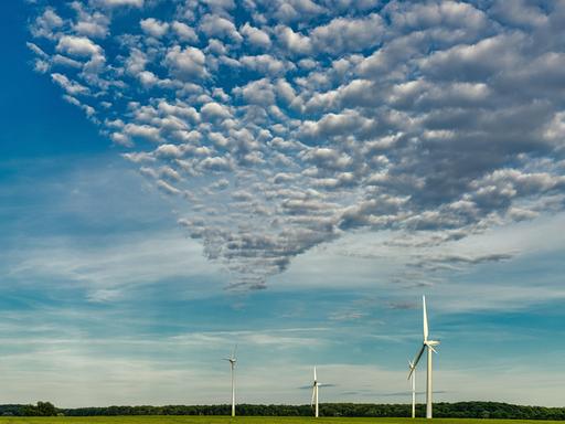 Auf einem Feld in Mecklenburg-Vorpommern stehen drei Windräder, darüber ist ein blauer Himmel mit Wolken.