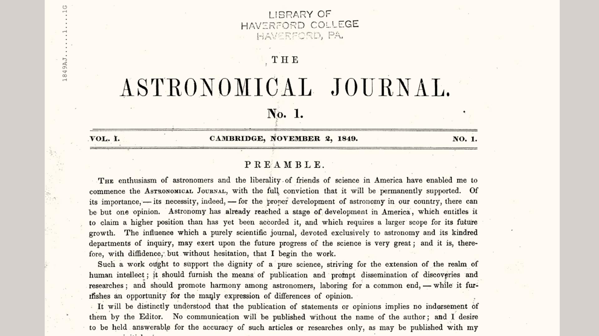 Vorwort von Benjamin Gould zur ersten Ausgabe des "Astronomical Journal" im November 1849. 