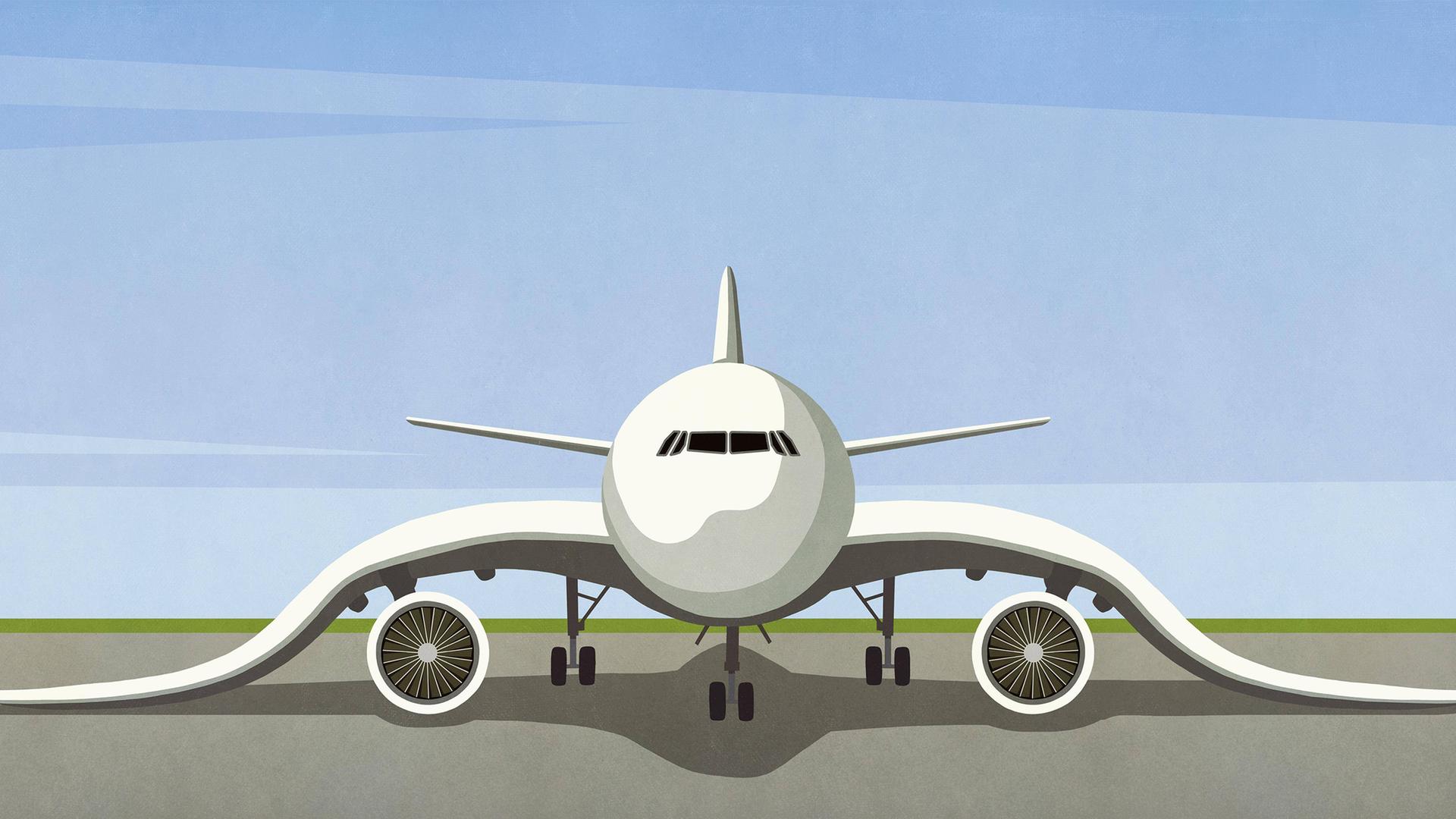 Illustration: Ein Flugzeug mit hängenden Flügeln am Boden.
