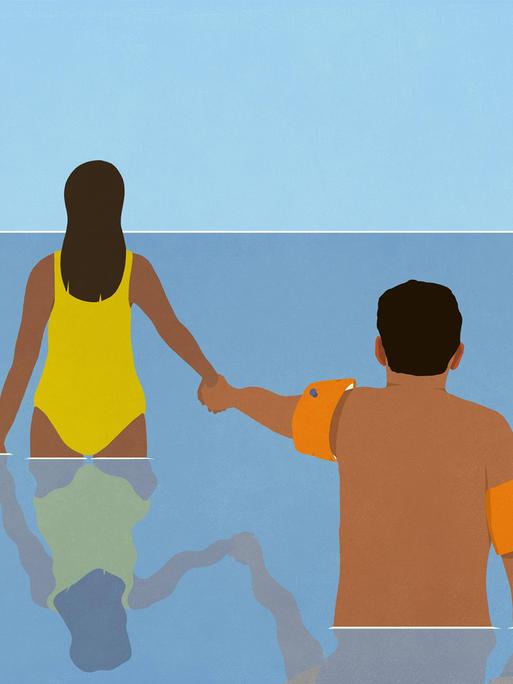 Illustration: Eine Frau hält die Hand eines zögerlichen Mannes während sie ins Wasser gehen. Er trägt Schwimmflügel an seinen Armen. 