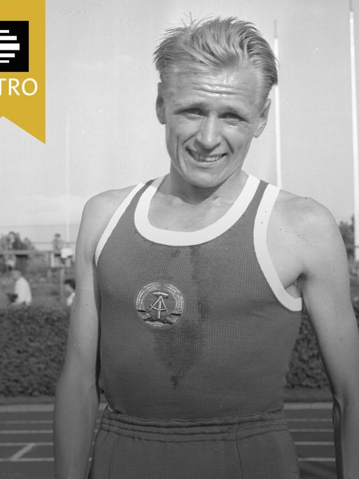 Leichtathlet Hans Grodotzki bei den Ost-West Ausscheidungen in Prag, Portraet im DDR Trikot 11.08.1962.