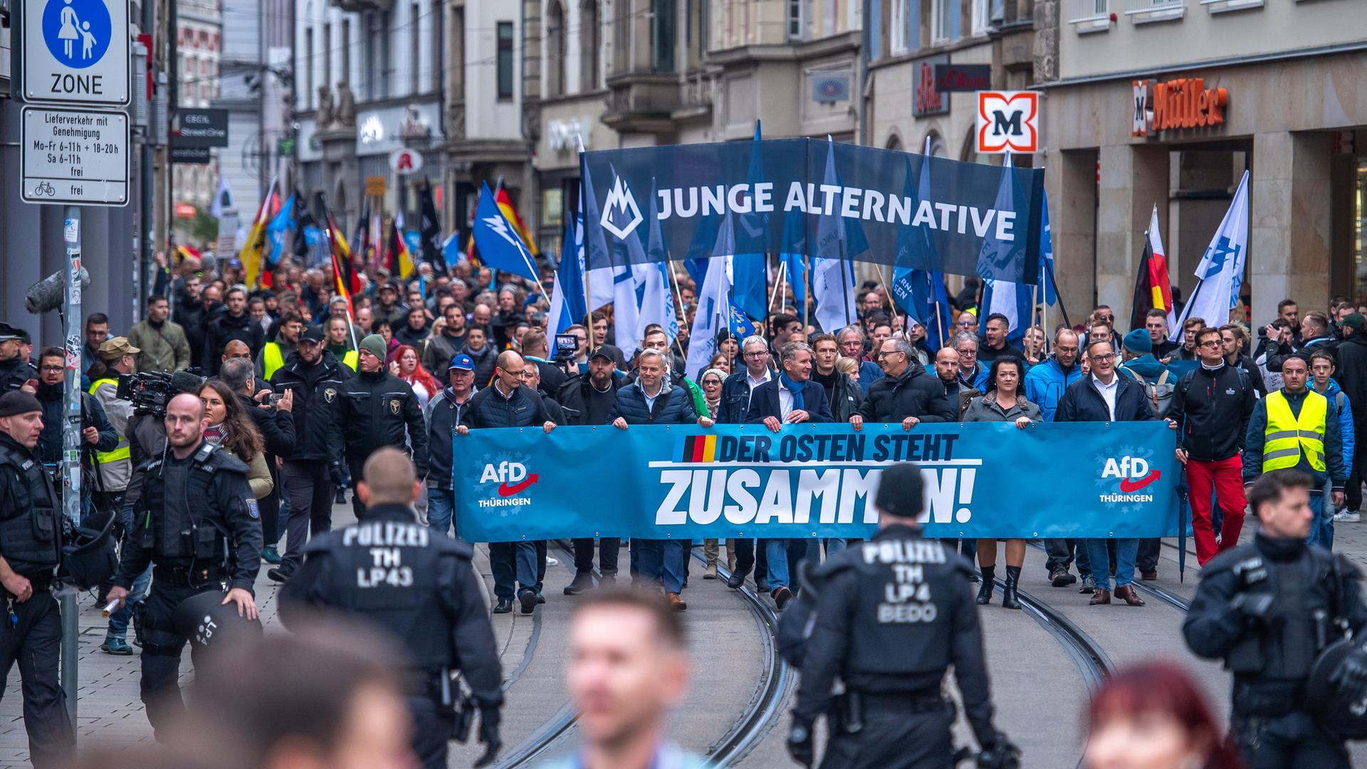 Eine AfD-Demonstration in Erfurt mit vielen Plakaten und Fahnen