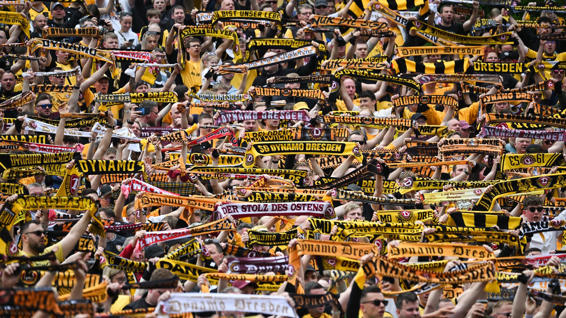 Fans von Dynamo Dresden stehen dichtgedrängt und halten Schals in die Höhe Fans von Dynamo Dresden stehen dichtgedrängt und halten Schals in die Höhe
