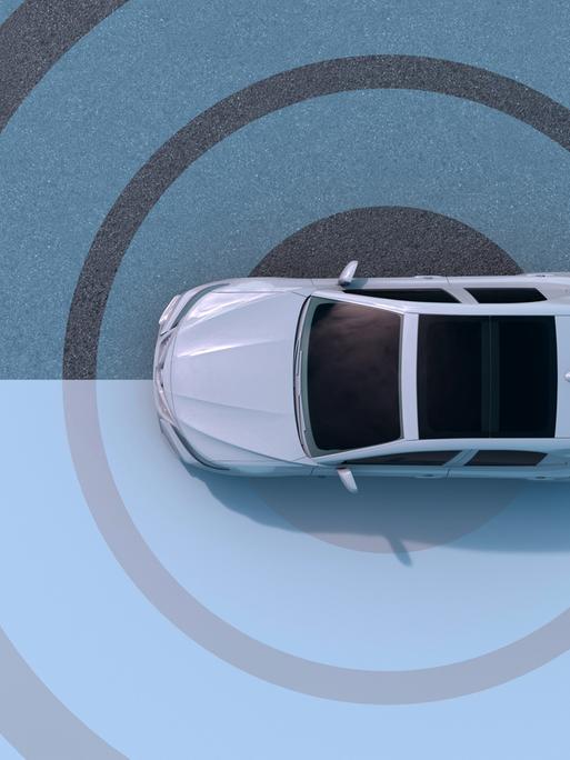 Illustration zum Thema autonomes Fahren. Ein stilisiertes Fahrzeug auf einer grau-blauen Fläche, die mit Kreisen versehen ist.