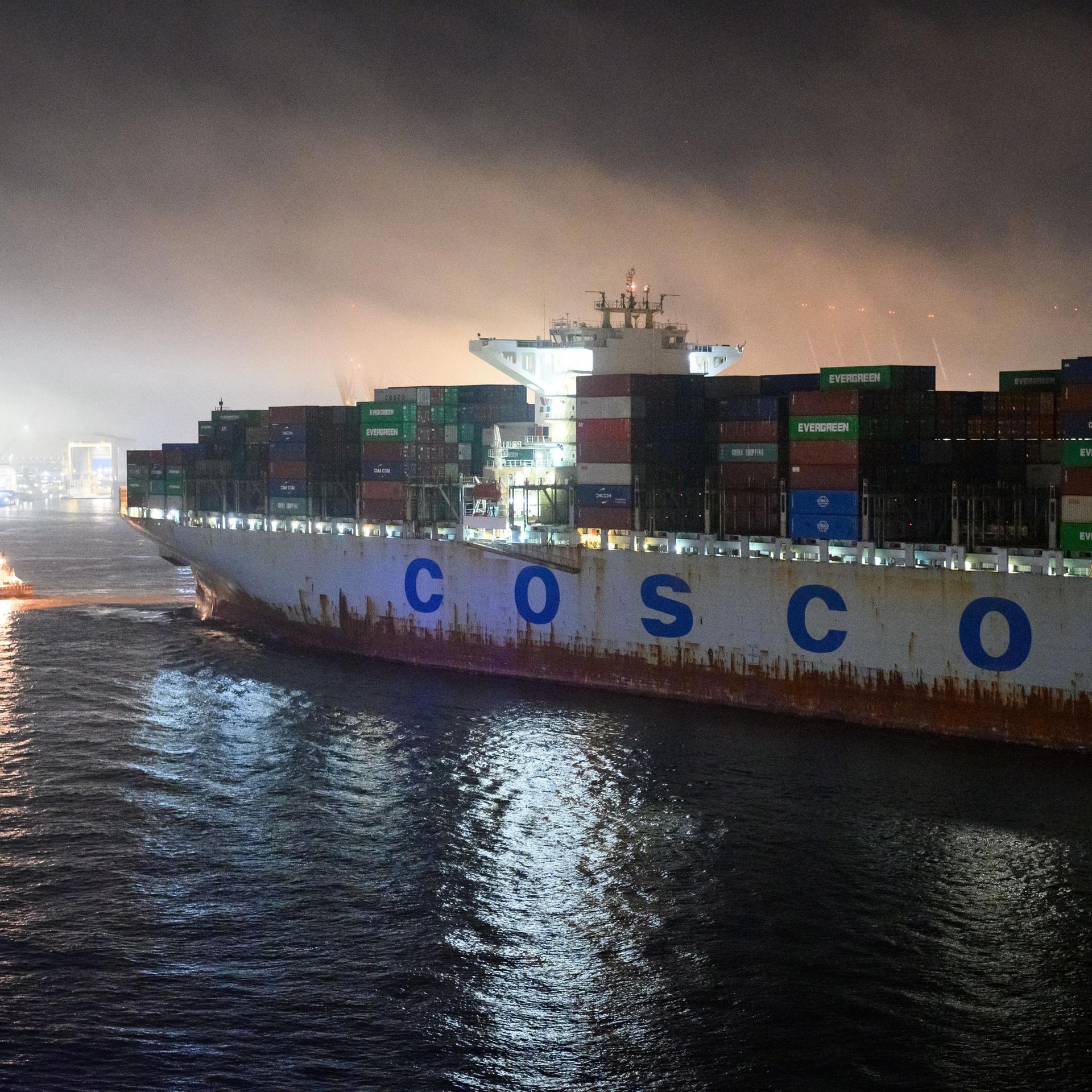 Das Containerschiff "Cosco Pride" fährt auf der Elbe vor dem Container-Terminal Tollerort im Morgennebel. 