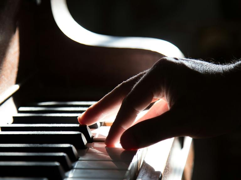 Eine männliche Hand spielt auf einer Tastatur, auf die starke Sonne einfällt.