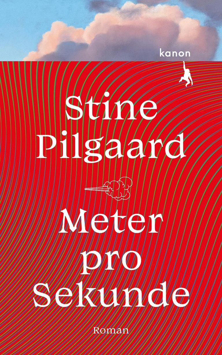 Das Cover des Buches "Meter pro Sekunde" der Dänin Stine Pilgaard. Der Name der Autorin und des Buches sind mit weißer Schrift auf Rot geschrieben. Im obersten Teil des Covers sind Wolken zu sehen. 