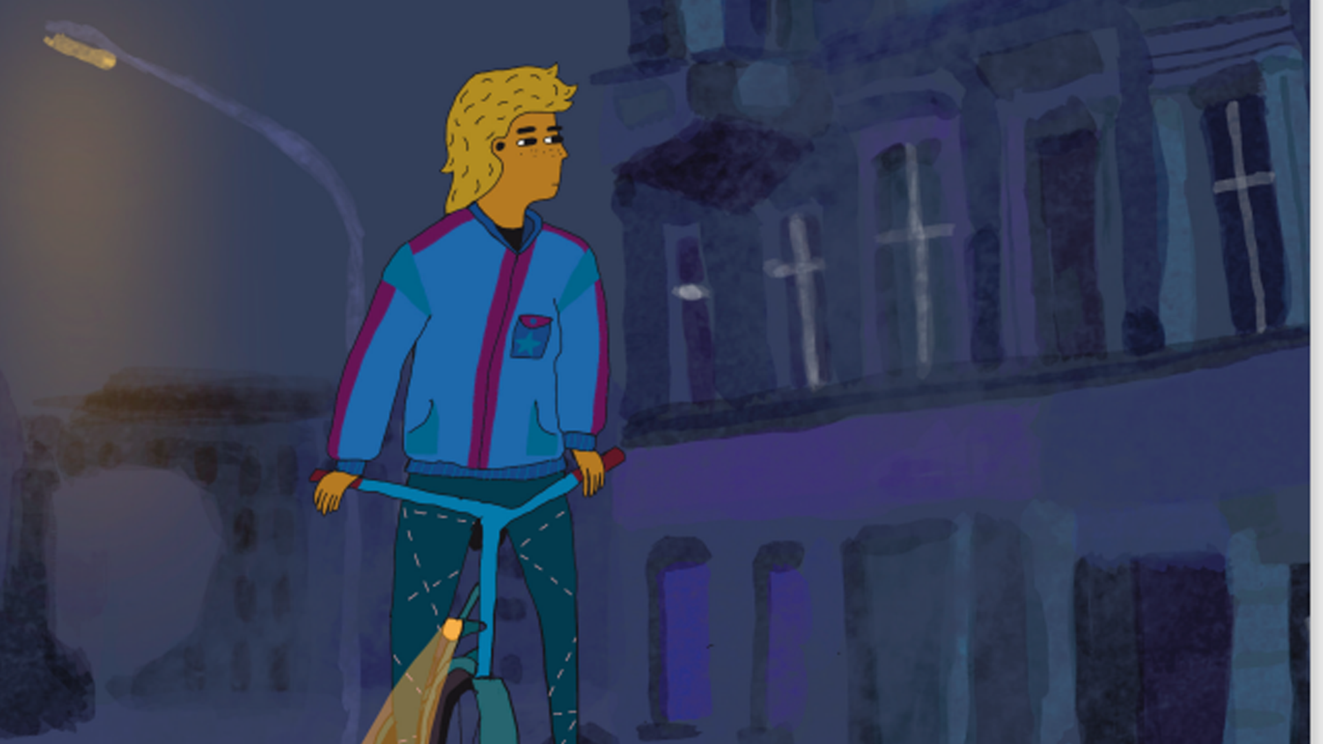 In der Zeichnung ist ein Mädchen mit blonden Haaren in der Nacht zu sehen. Sie sitzt auf einem Fahrrad, fährt aber nicht. Die Vorderlampe wirft einen Lichtkegel. Im Hintergrund sind Häuserfassaden zu sehen.