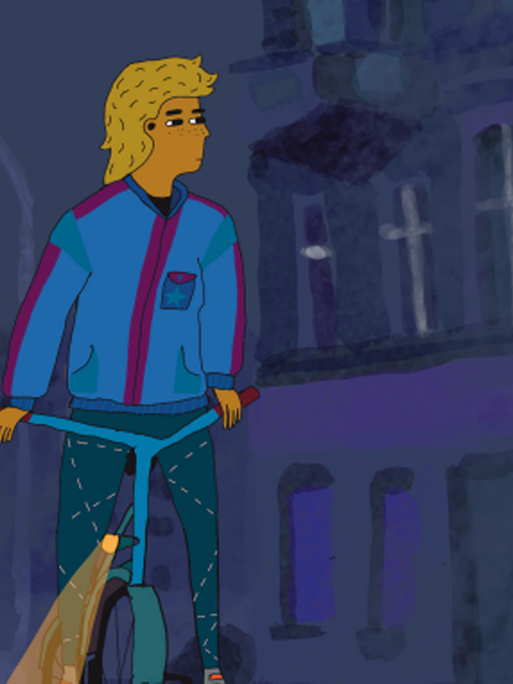 In der Zeichnung ist ein Mädchen mit blonden Haaren in der Nacht zu sehen. Sie sitzt auf einem Fahrrad, fährt aber nicht. Die Vorderlampe wirft einen Lichtkegel. Im Hintergrund sind Häuserfassaden zu sehen.