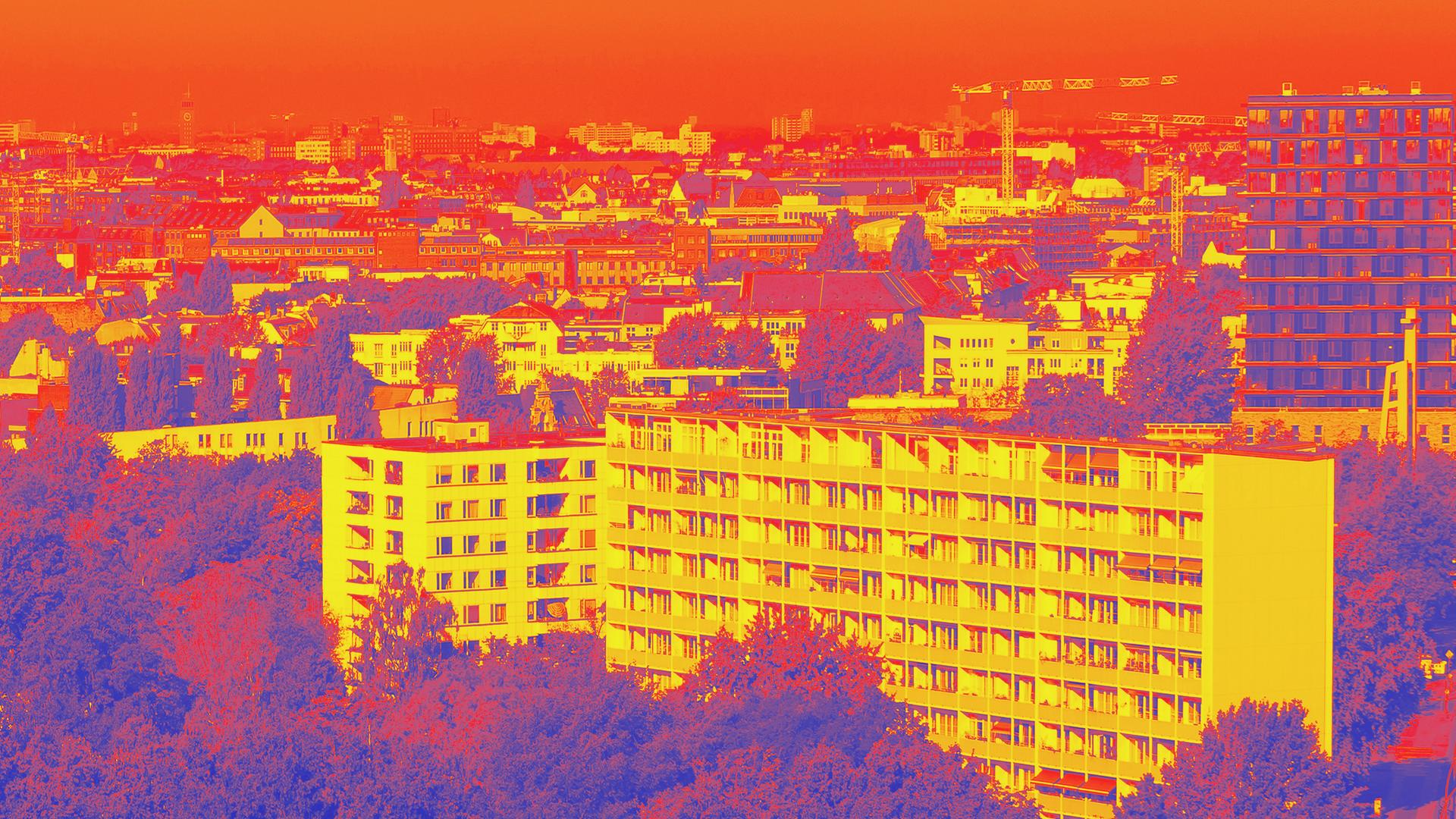 Das Bild zeigt die Skyline des Hansaviertels in Berlin mit vielen Mehrfamilienwohnungen. Über dem gesamten Bild liegt ein Infrarotfilter – der gesamte Himmel ist tieforange. Das Bild zeigt die Skyline des Hansaviertels in Berlin mit vielen Mehrfamilienwohnungen. Über dem gesamten Bild liegt ein Infrarotfilter – der gesamte Himmel ist tieforange.