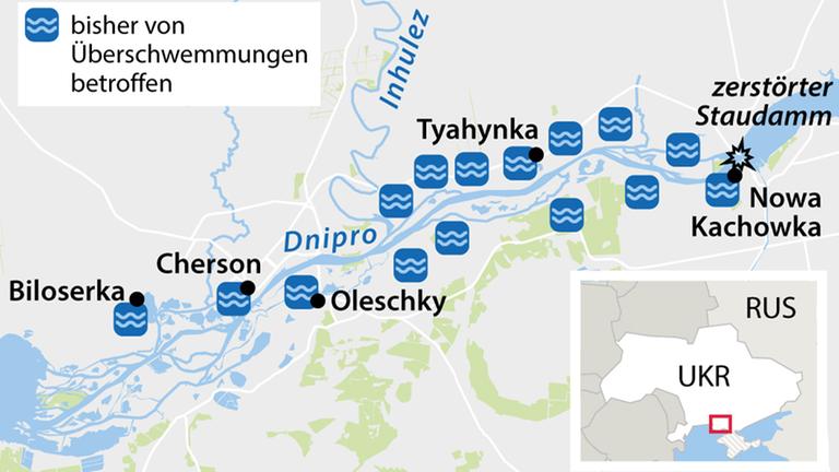 Die Grafik zeigt die Gebiete, die durch die Zerstörung des Kachowka-Staudamms von Überschwemmungen betroffen sind.