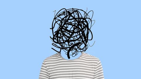 Eine Person in grau-weiss gestreiftem T-Shirt sitzt vor blauem Hintergrund. Statt eines Kopfes sind nur verschlungene schwarze Linien zu sehen, die Verwirrung und Konzentrationsschwäche symbolisieren. 