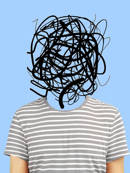 Eine Person in grau-weiss gestreiftem T-Shirt sitzt vor blauem Hintergrund. Statt eines Kopfes sind nur verschlungene schwarze Linien zu sehen, die Verwirrung und Konzentrationsschwäche symbolisieren. 