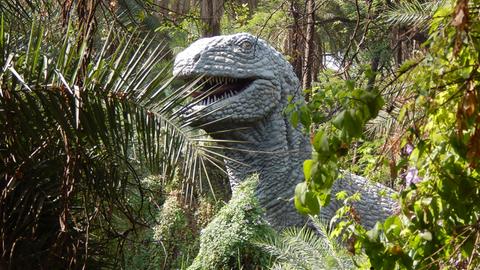 Eine Dinosaurier-Büste in einem Park. 