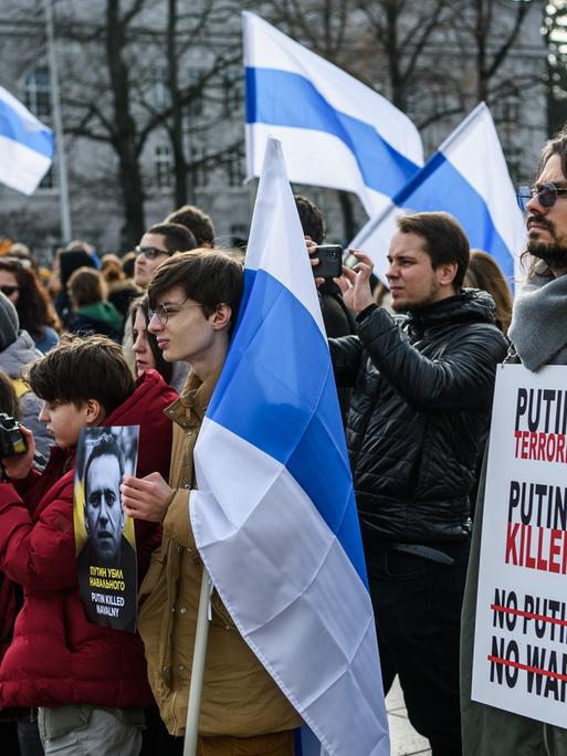 Demonstranten protestieren gegen Wladimir Putin in Litauens Hauptstadt Vilnius.