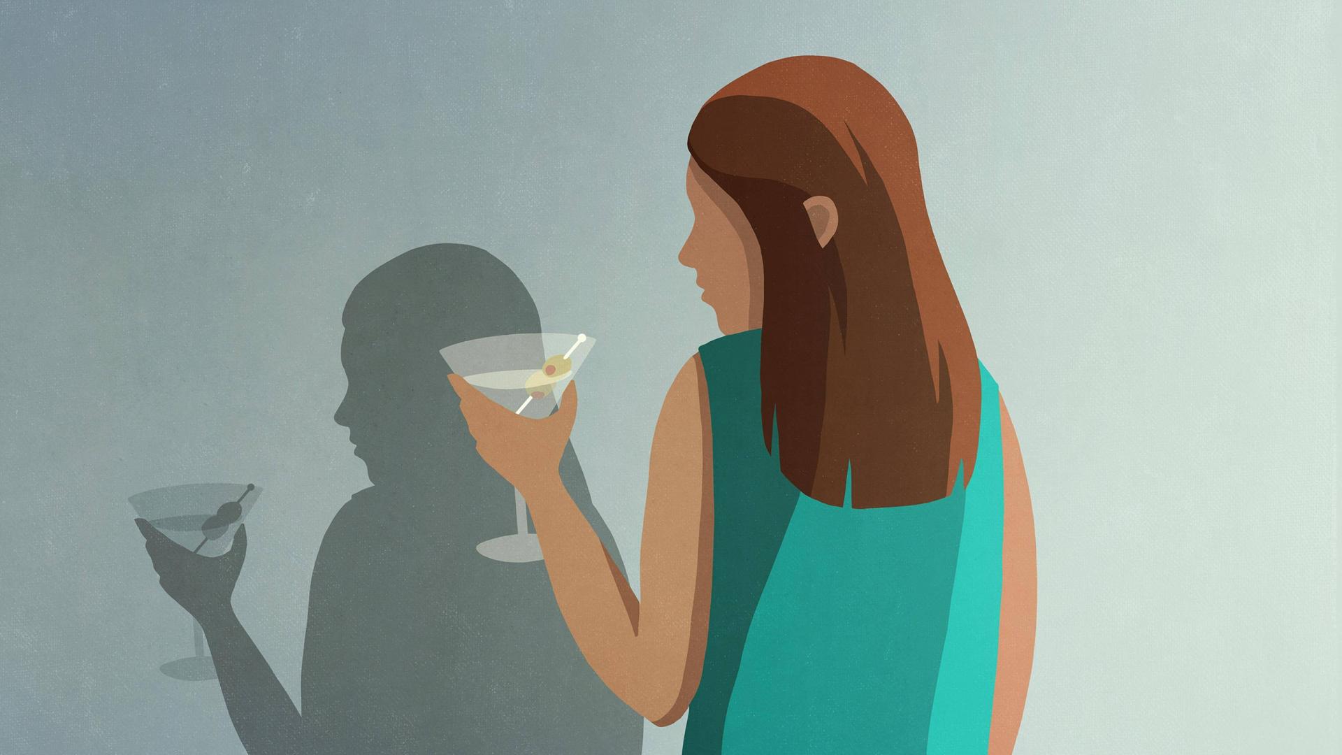 Illustration einer Frau die ein Martiniglas mit Olive hält, ihr Schatten bildet sich an der Wand ab