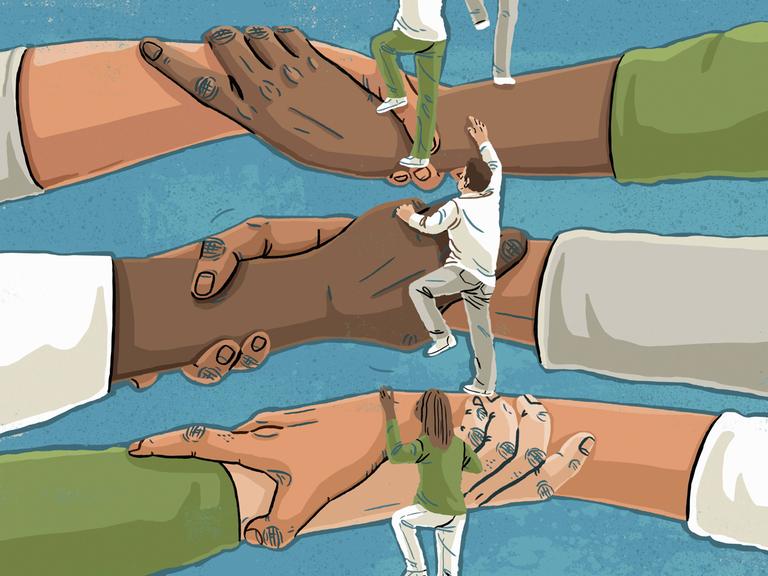 Illustration: Menschen steigen auf einer Leiter aus helfenden Händen hinauf.