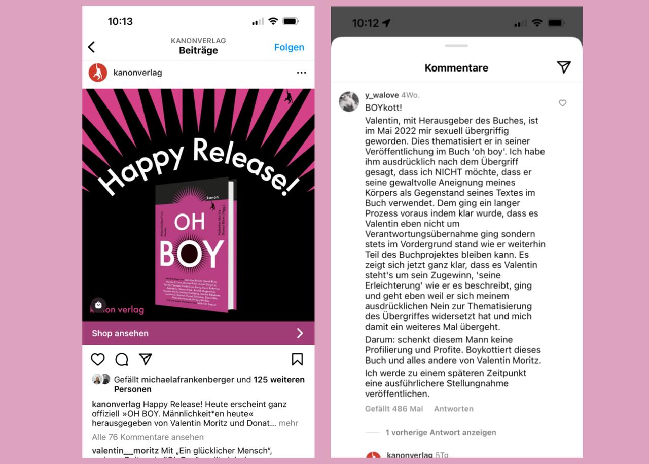 Zwei nebeneinander gestellte Screenshots von Instagram zeigen einen Post, in dem der Kanon Verlag den Release des Bandes "Oh Boy" bewirbt und daneben den Kommentar einer Userin, in dem sie zum Boykott des Buches aufruft.