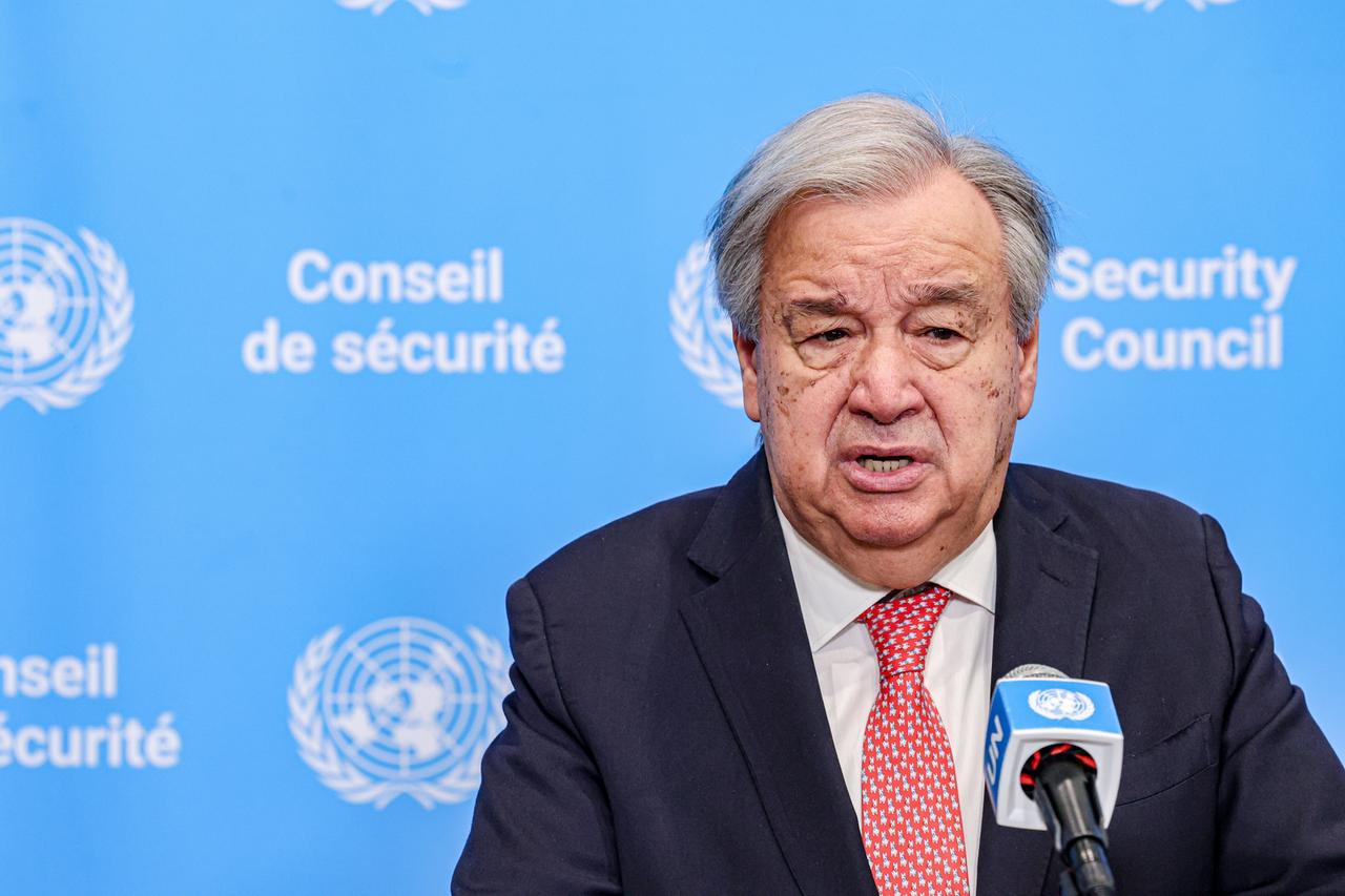 Antonio Guterres, Generalsekretär der Vereinten Nationen, spricht auf einer Pressekonferenz.