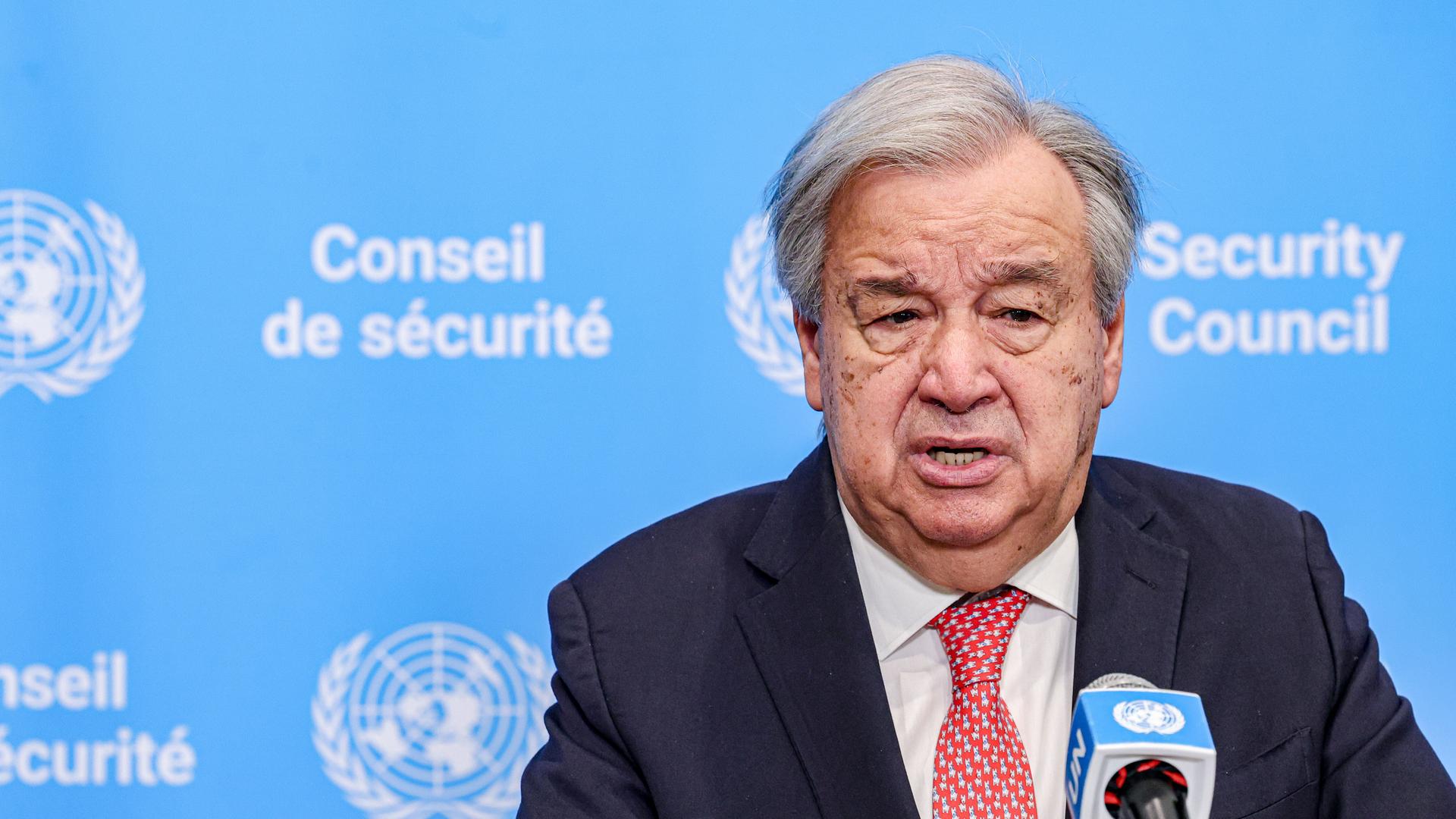Antonio Guterres, Generalsekretär der Vereinten Nationen, spricht im Vorfeld einer Sitzung des Sicherheitsrates.