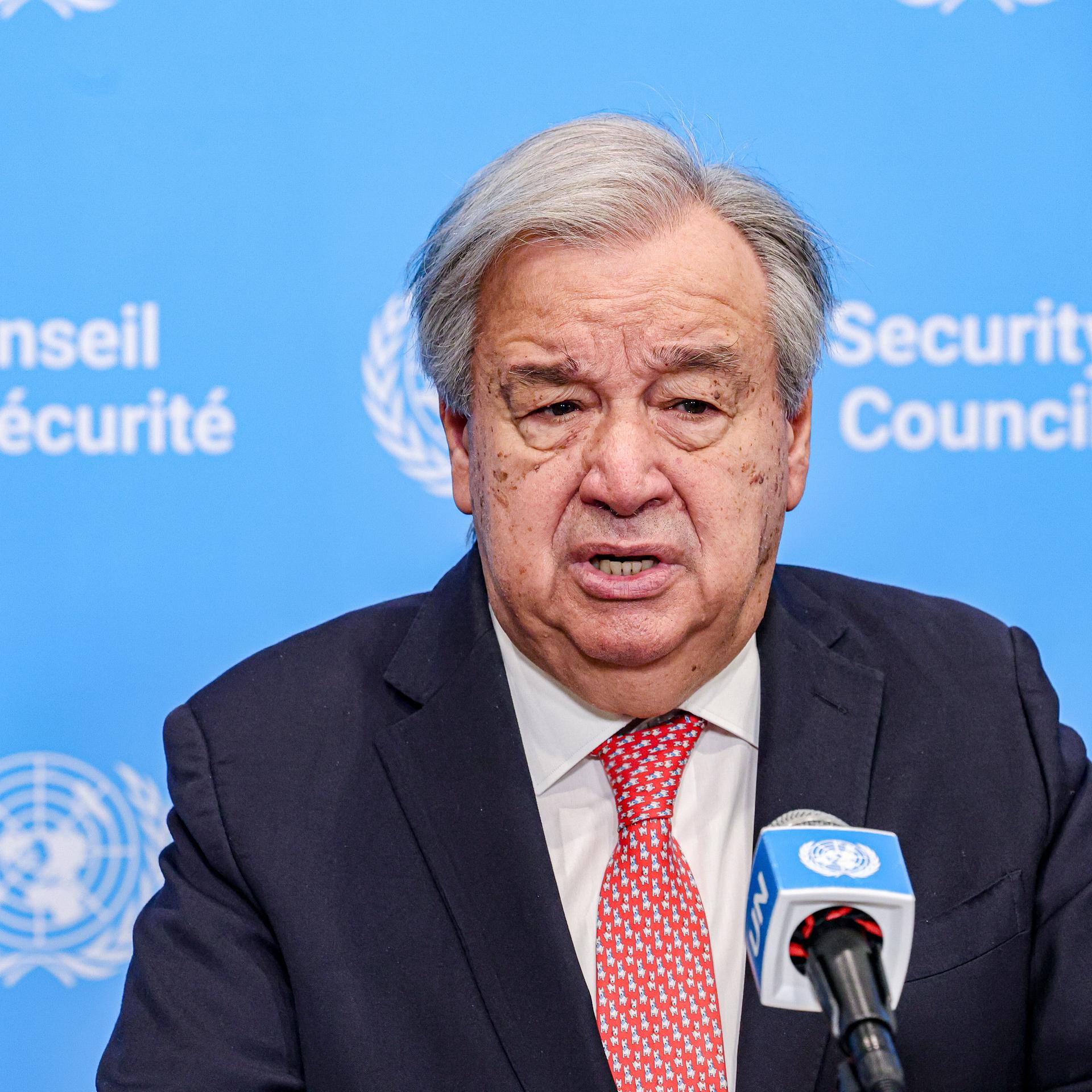 Antonio Guterres, Generalsekretär der Vereinten Nationen, spricht im Vorfeld einer Sitzung des Sicherheitsrates.