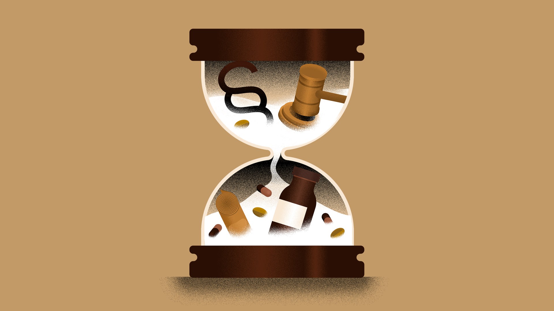 Abstrakte Zeichnung einer Sanduhr in braunen Tönen, innen neben Sand Pillen, Paragraphen und ein Gerichtshammer
