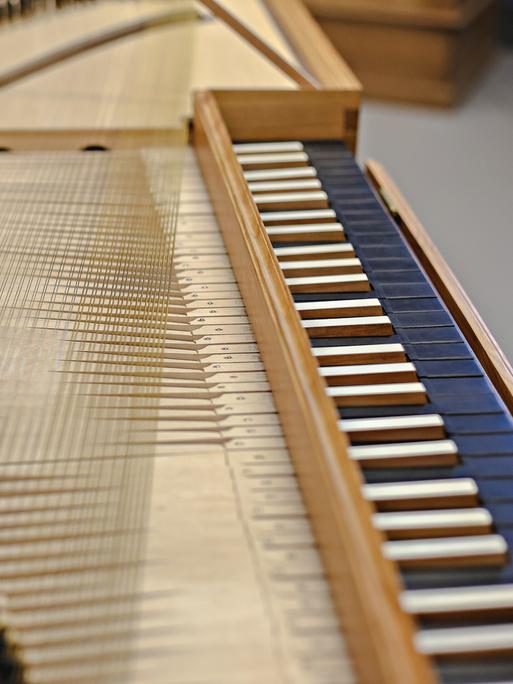 Blick auf eine Tastatur, die dem Mozartschen Clavichord sehr ähnlich sieht: damals waren schwarze und weiße Tasten noch andersherum gefärbt.