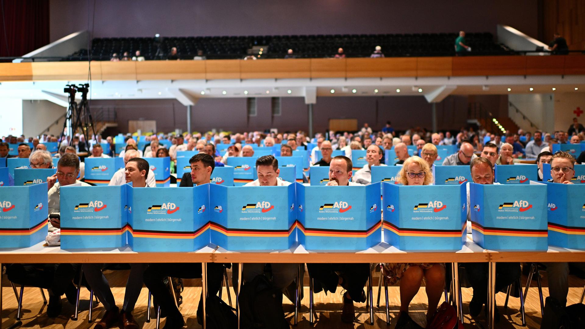 AfD-Mitglieder sitzen hinter Aufstellern mit dem Logo der AfD Südwest bei der Landesversammlung.