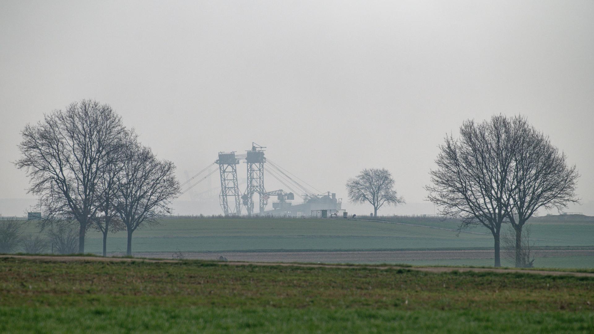 Ein Braunkohlebagger ist am Horizont beim Dorf Unterwestrichzu sehen. 