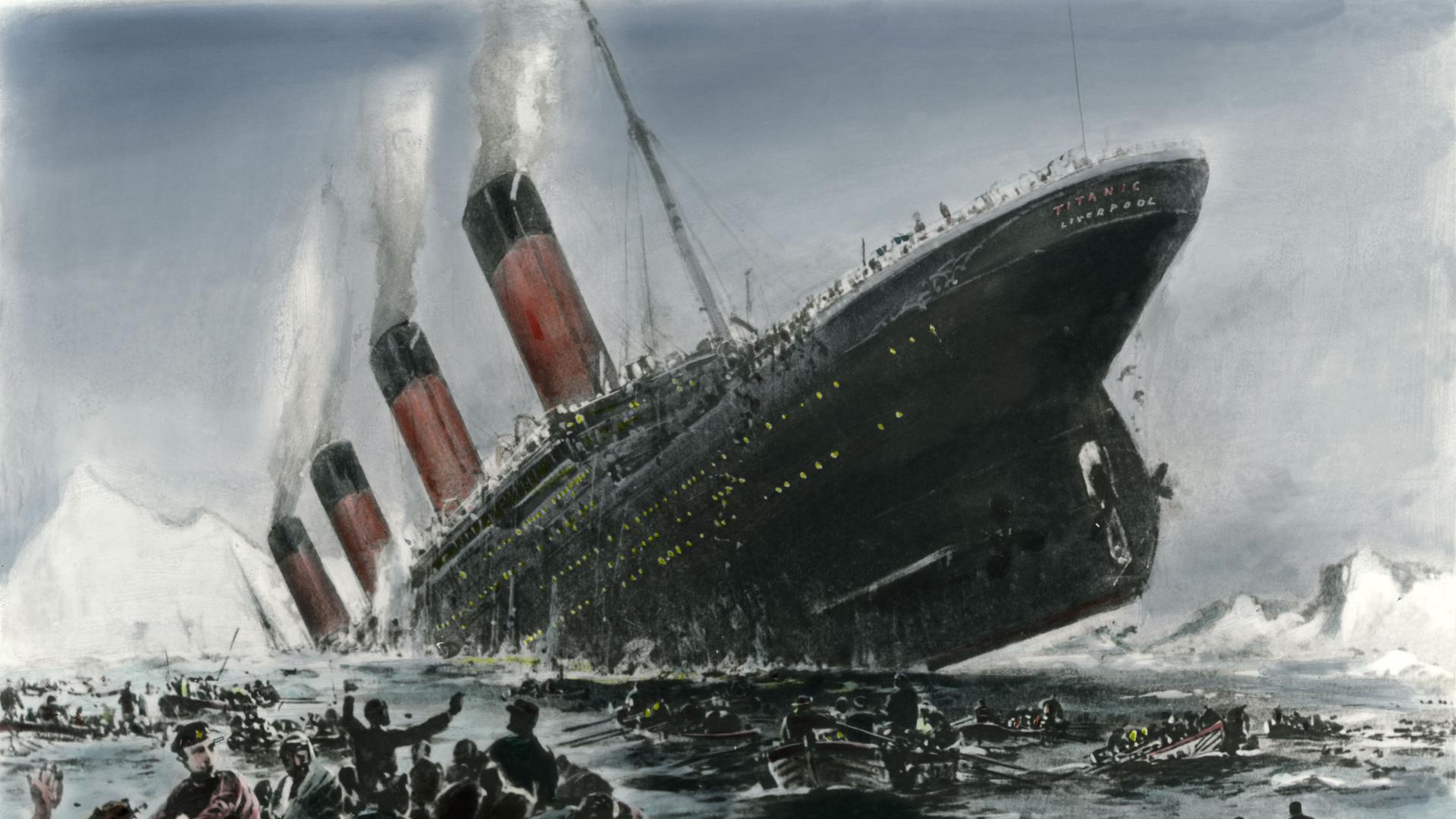 "Der Untergang der Titanic" -  Foto, neukoloriert, nach  einer  zeitgenösssische Zeichnung von Willy Stoewer