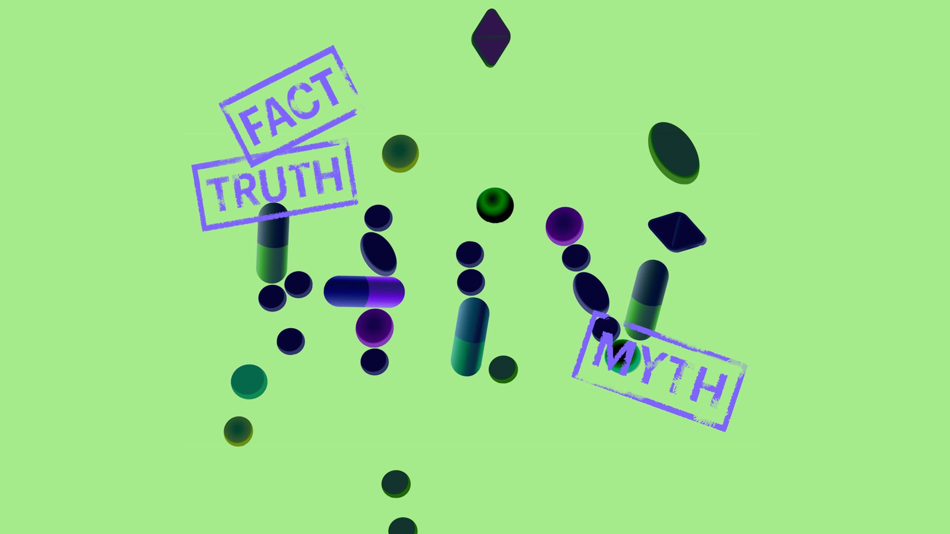 Grüner Hintergrund, zentral im Bild die Buchstaben HIV und Stempelabdrücke "Fact, Truth, Myth", Buchstaben lösen sich weiter auf