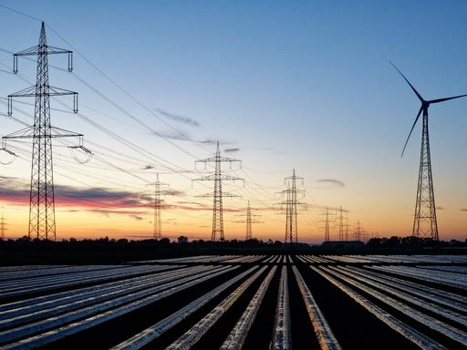 Windräder und Hochspannungsleitungen in Bayern, am Himmel ist Morgenrot zu sehen.