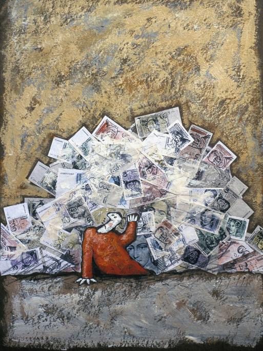 Illustration: Ein Mann wehrt sich gegen einen großen Berg aus Geldscheinen, der ihn zu erdrücken scheint.