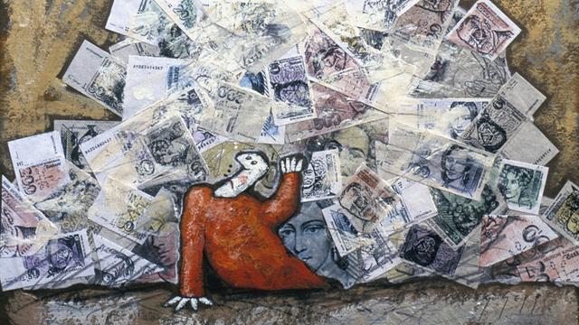 Illustration: Ein Mann wehrt sich gegen einen großen Berg aus Geldscheinen, der ihn zu erdrücken scheint.