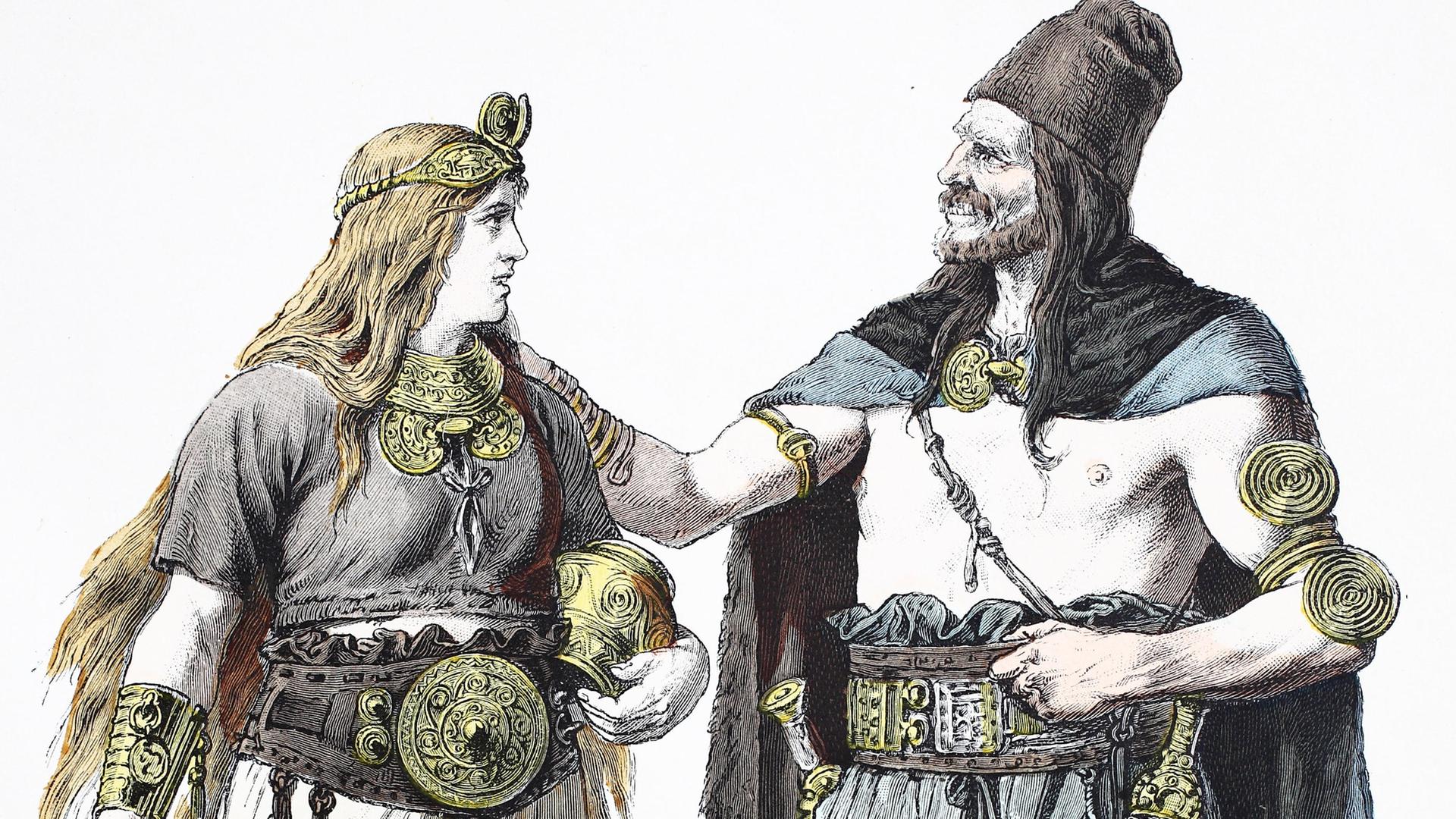 Eine Zeichnung von Germanen in der Bronzezeit. Sie zeigt einen Mann und eine Frau in Tracht und mit viel Schmuck. 