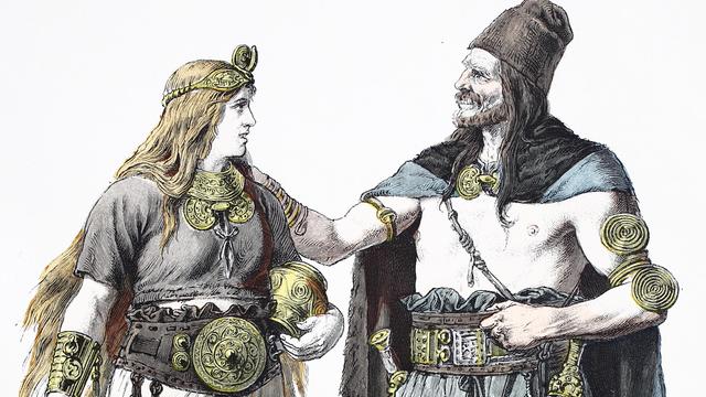Eine Zeichnung von Germanen in der Bronzezeit. Sie zeigt einen Mann und eine Frau in Tracht und mit viel Schmuck. 