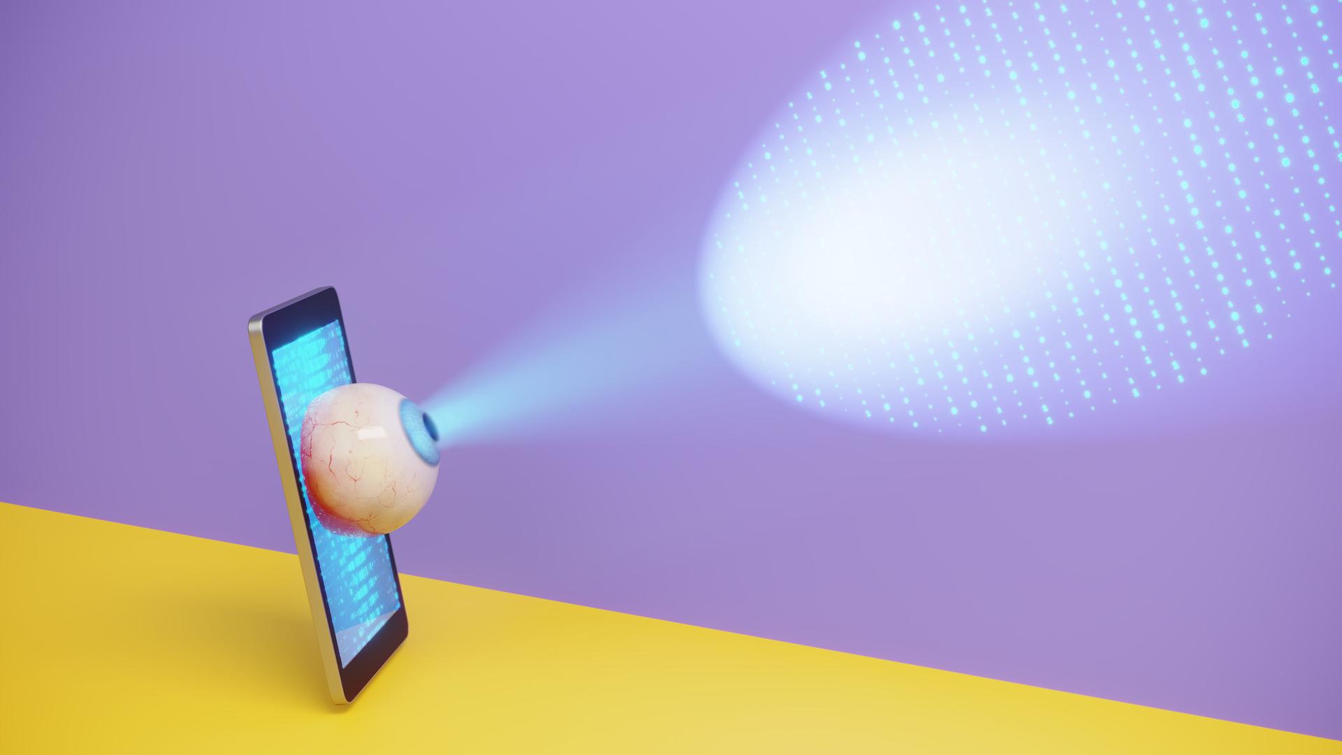 Ein Smartphone mit einem hervorstehenden Auge projiziert einen digitalen Scanstrahl auf schwebende Binärdaten und symbolisiert damit mobile Überwachung, Datenverfolgung und Datenschutzbedenken.