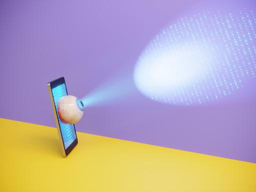 Ein Smartphone mit einem hervorstehenden Auge projiziert einen digitalen Scanstrahl auf schwebende Binärdaten und symbolisiert damit mobile Überwachung, Datenverfolgung und Datenschutzbedenken.