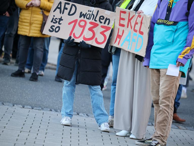 Teilnehmer einer Protestveranstaltung gegen eine AfD-Demonstration halten Schilder "AfD wählen ist so 1993" und "Ekelhafd".