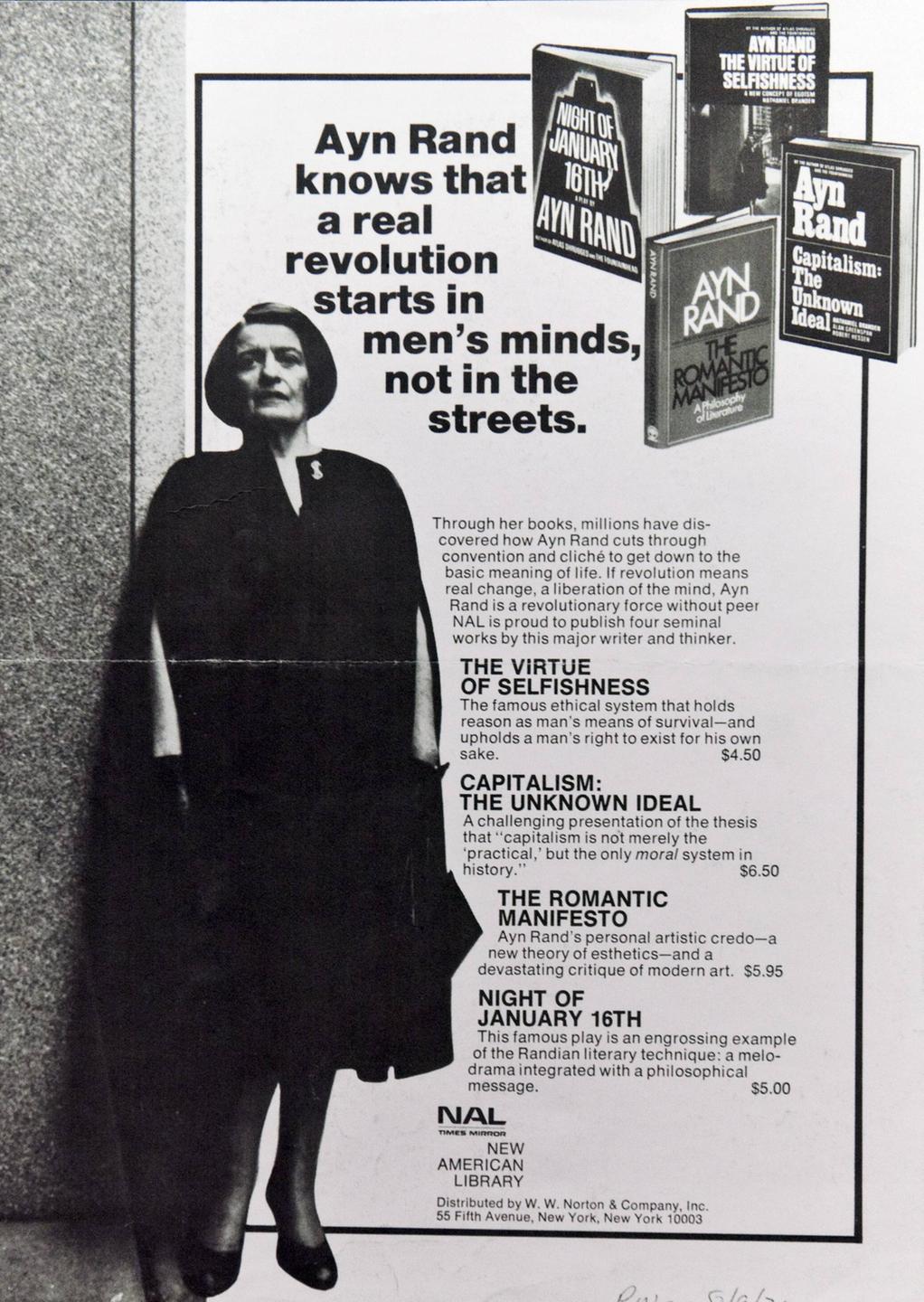 Ein Werbeplakat von Ayn Rand zeigt die Autorin von Kopf bis Fuß, einige ihrer Bücher und den Slogan "Ayn Rand knows that a real revolution starts in men's minds, not in the streets".